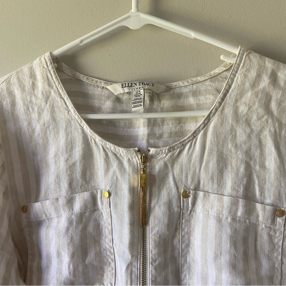 100% Linen Women's Medium Breezy Cream and White Striped Tunic w Gold Accents